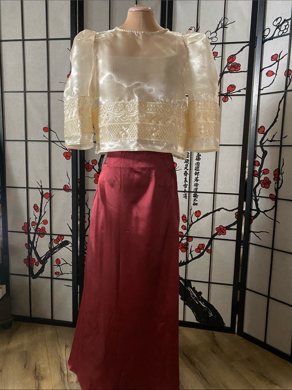 Elegant Mestiza Filipiniana Blouse with Burgundy Satin Maxi Skirt Set